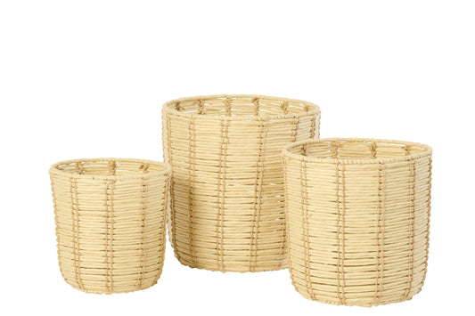 Set van 3 mand rond gestreept papier naturel/beige