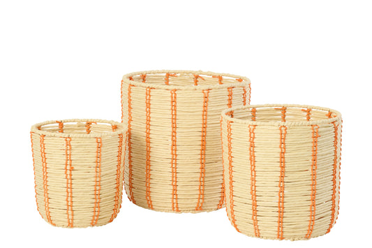 Lot de 3 paniers ronds en papier rayé naturel/orange