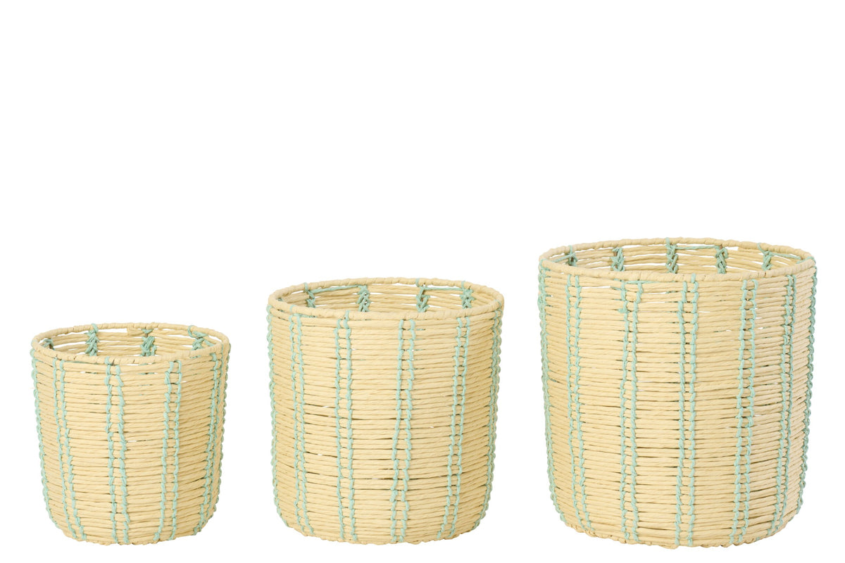 Set van 3 mand rond gestreept papier naturel/azuur blauw