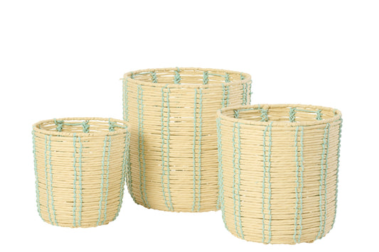 Lot de 3 paniers ronds en papier rayé naturel/bleu azur