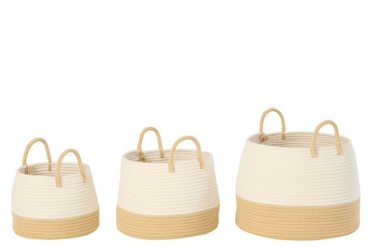 Lot de 3 paniers ronds avec poignée en polyester naturel/blanc