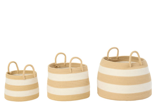 Lot de 3 paniers ronds rayés en polyester naturel/blanc avec poignée