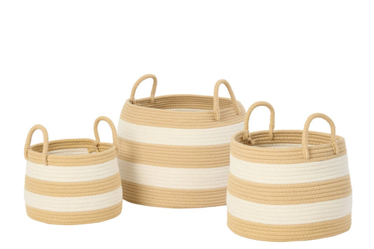 Lot de 3 paniers ronds rayés en polyester naturel/blanc avec poignée