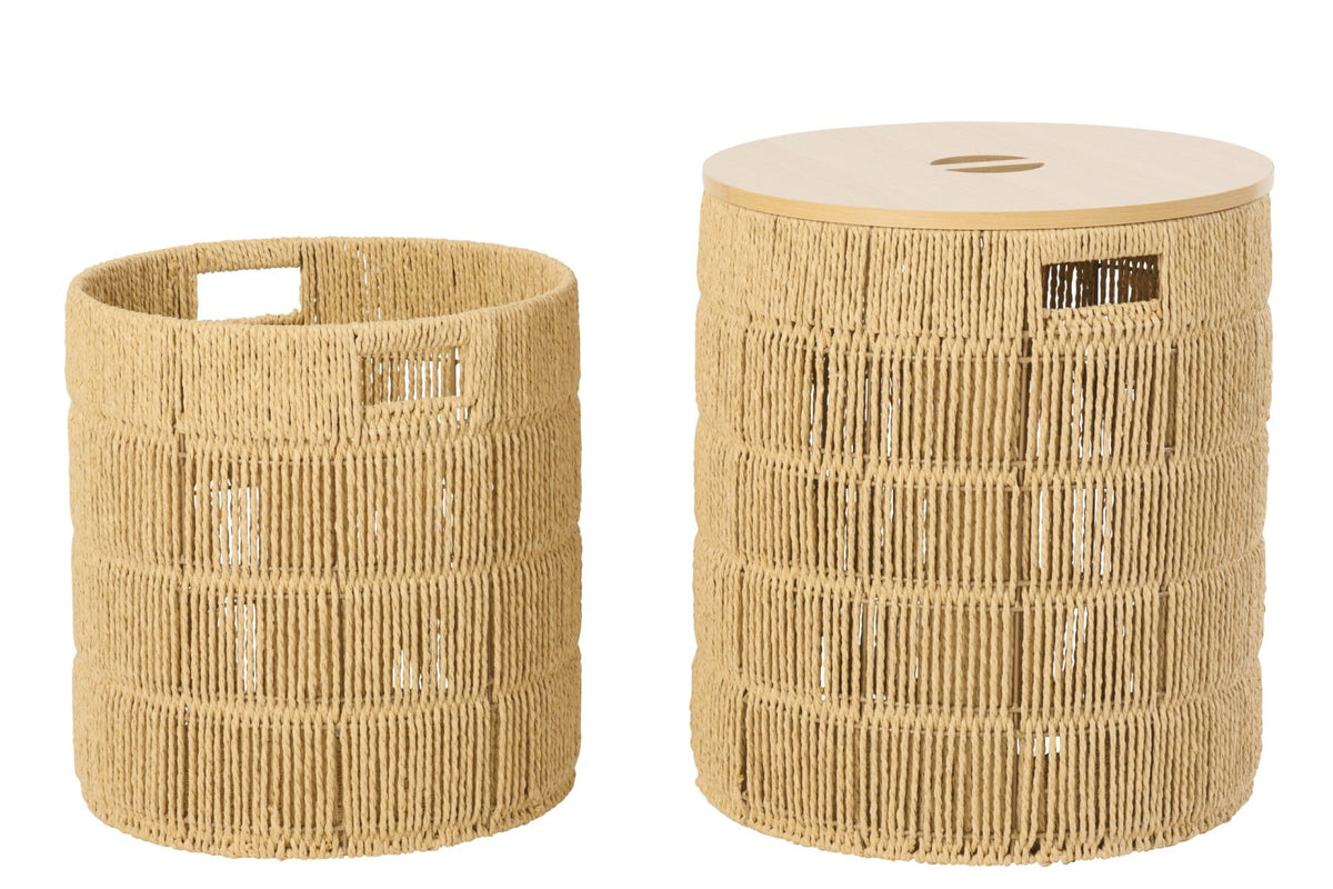 Set of 2 round natural paper baskets + lid