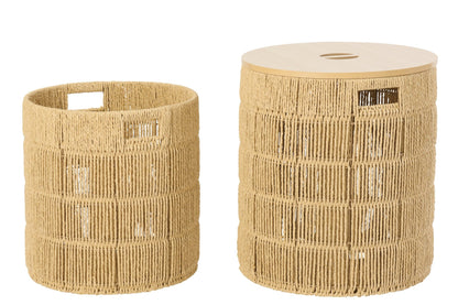 Set of 2 round natural paper baskets + lid