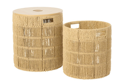 Set of 2 round natural paper baskets + lid