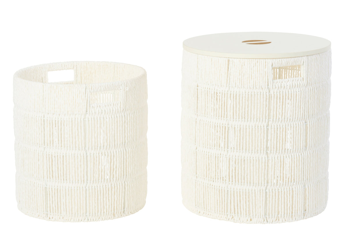Set of 2 round white paper baskets + lid