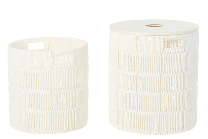 Set of 2 round white paper baskets + lid