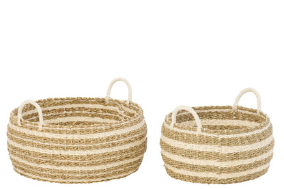 Set van 2 mand gestreept papier wit/naturel