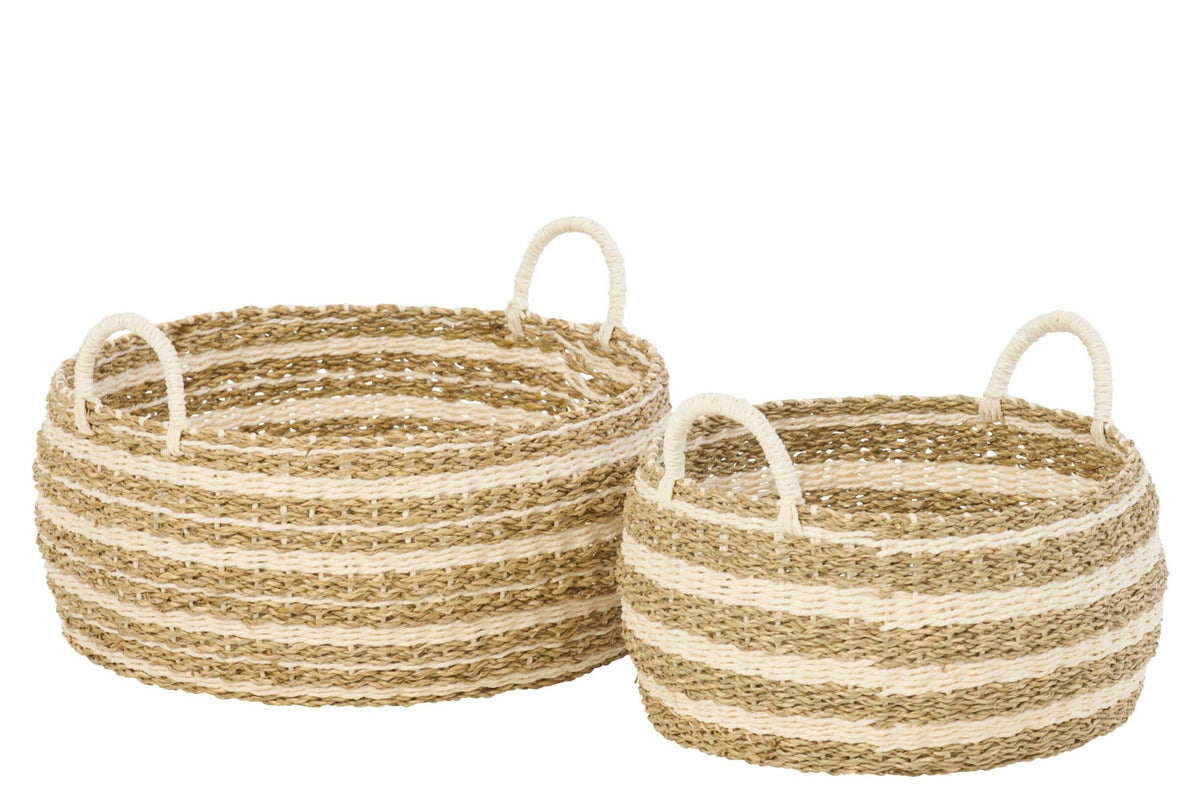 Set van 2 mand gestreept papier wit/naturel