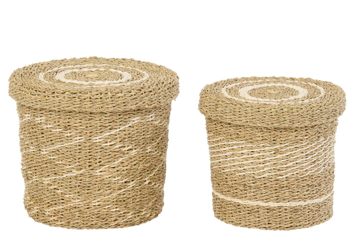 Set van 2 mand + deksel gestreept papier wit/naturel
