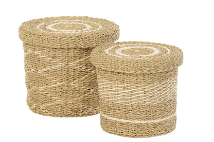 Set van 2 mand + deksel gestreept papier wit/naturel