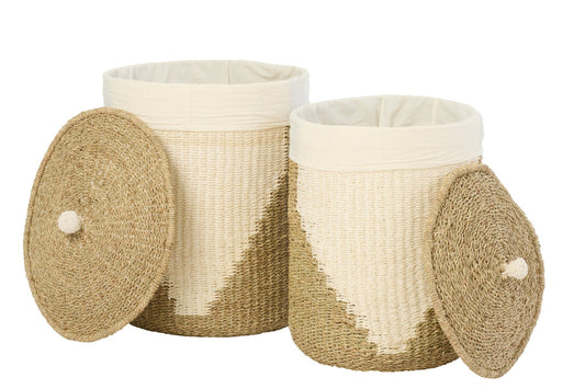 Lot de 2 paniers + couvercle en papier blanc/naturel