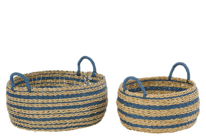 Set of 2 striped paper baskets natural/blue