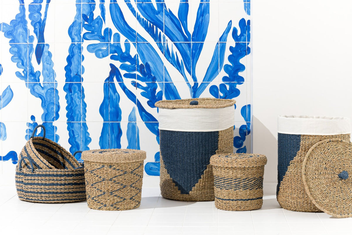 Set of 2 striped paper baskets natural/blue