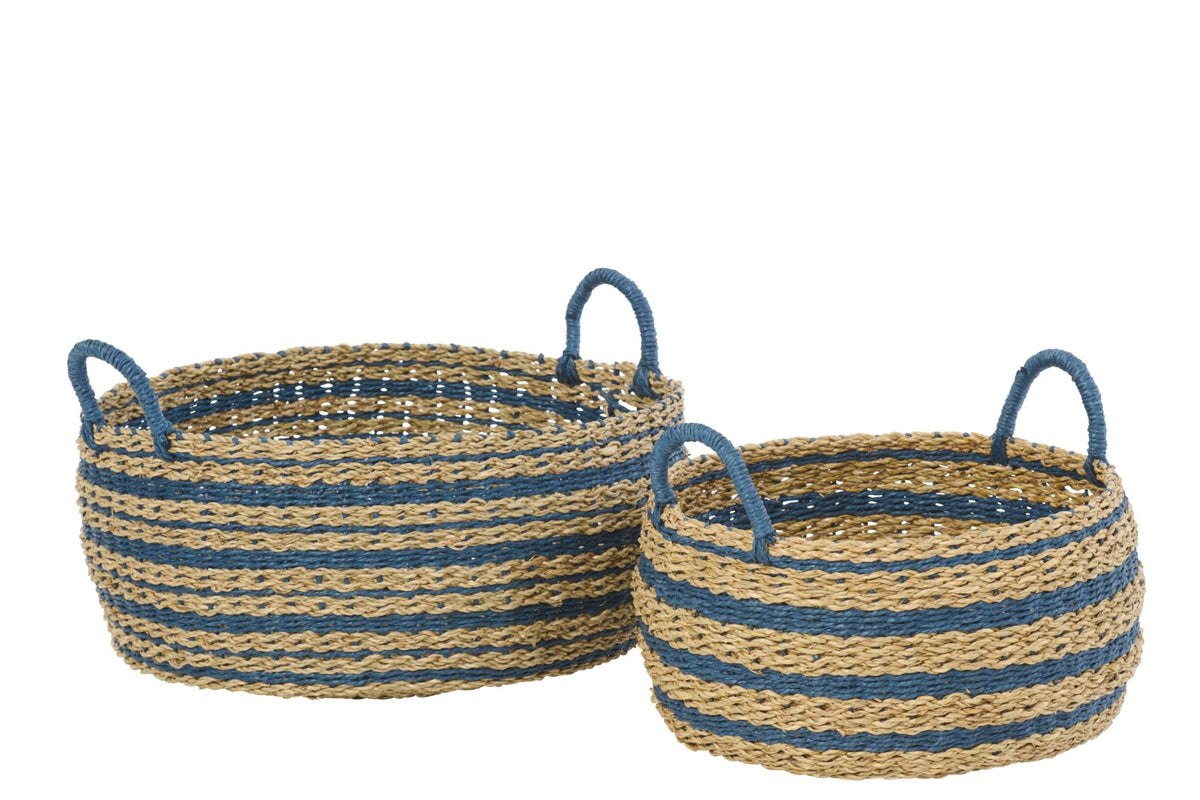 Set of 2 striped paper baskets natural/blue