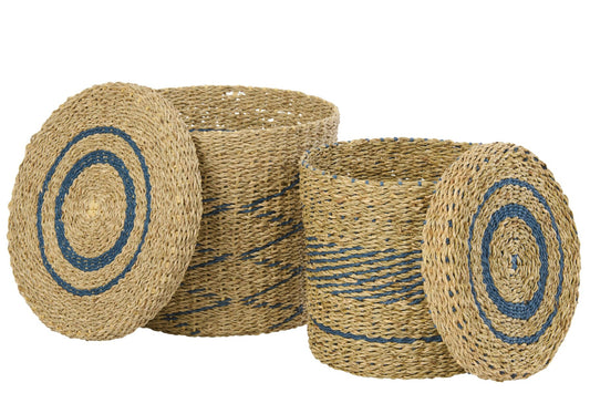 Lot de 2 paniers + couvercle en papier rayé naturel/bleu