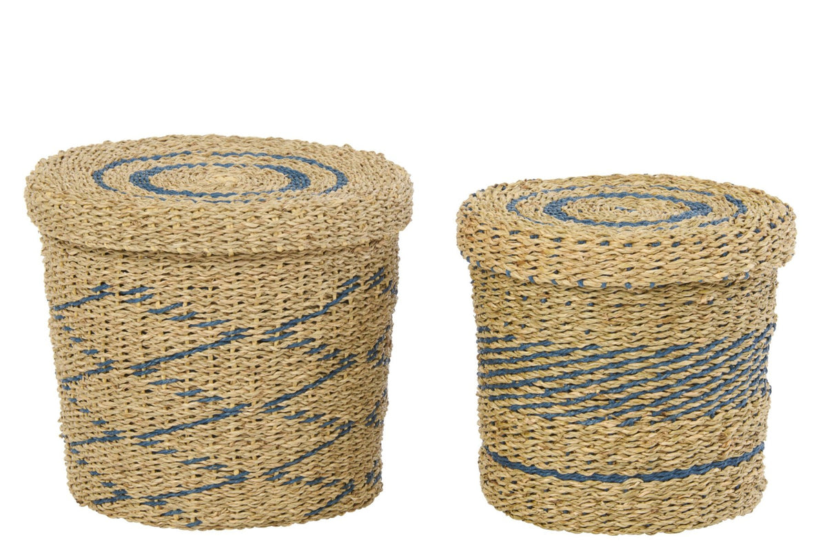 Set of 2 baskets + lid striped paper natural/blue