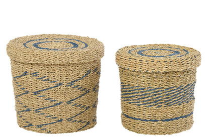 Set of 2 baskets + lid striped paper natural/blue