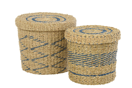 Lot de 2 paniers + couvercle en papier rayé naturel/bleu