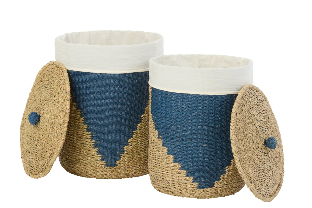 Set of 2 baskets + lid paper natural/blue