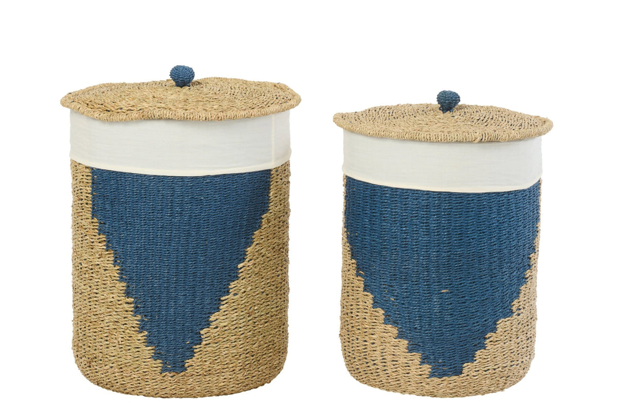 Set of 2 baskets + lid paper natural/blue