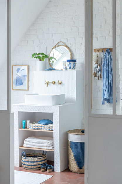 Set of 2 baskets + lid paper natural/blue