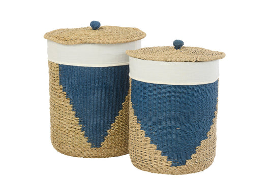 Set van 2 mand + deksel papier naturel/blauw