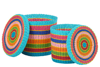 Set of 2 baskets + lid striped paper multicolored