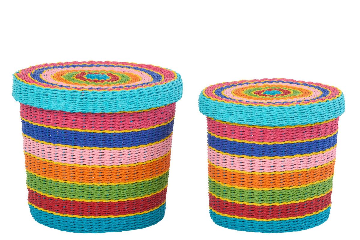 Set of 2 baskets + lid striped paper multicolored