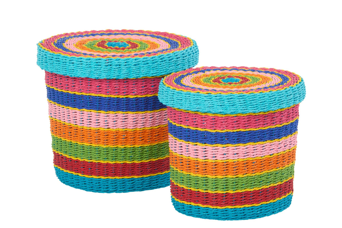 Set of 2 baskets + lid striped paper multicolored