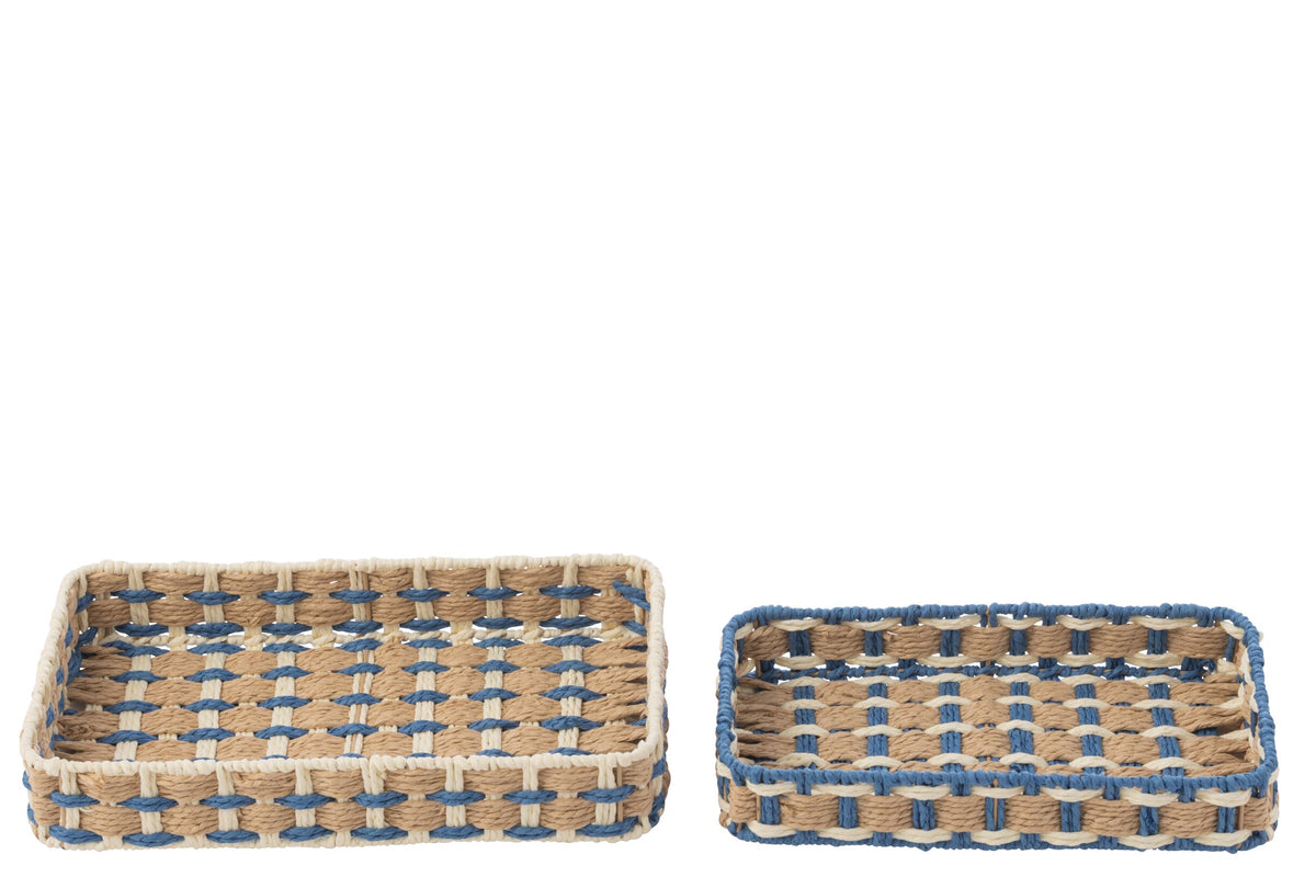 Set Of 2 Decorative Tray Rectangle Paper Natural/Blue