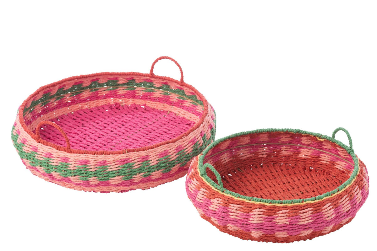 Set Of 2 Decorative Tray With Handles Round Paper Multi