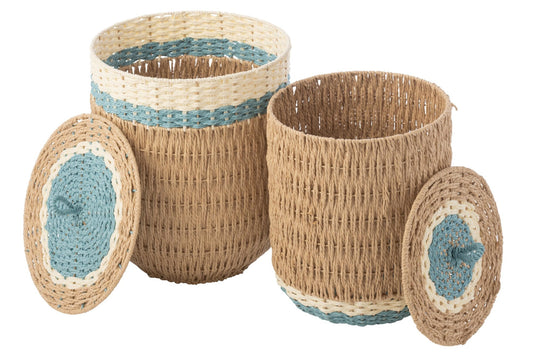 Lot de 2 paniers avec couvercle en papier rayé naturel/bleu clair