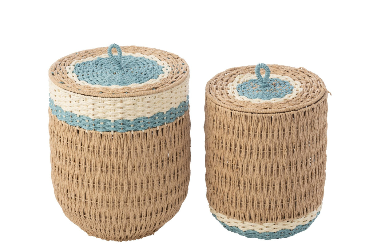 Set of 2 baskets with lid striped paper natural/light blue