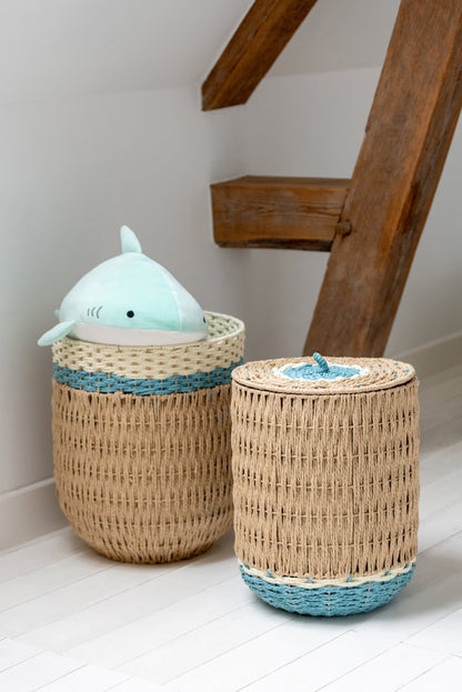 Set of 2 baskets with lid striped paper natural/light blue