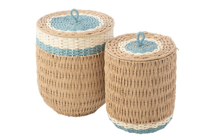 Set of 2 baskets with lid striped paper natural/light blue