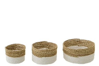 Set van 3 mand zeegras naturel/wit