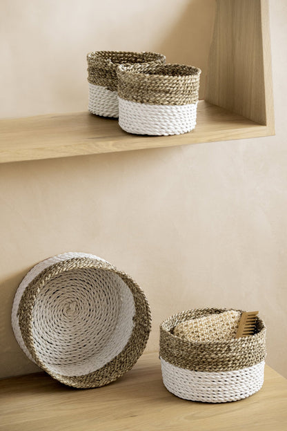 Set van 3 mand zeegras naturel/wit