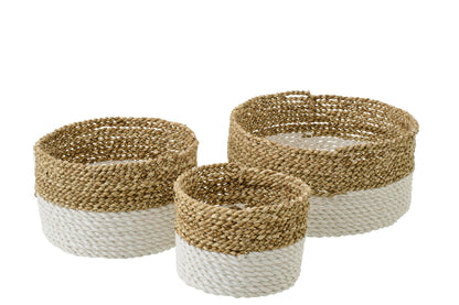 Set van 3 mand zeegras naturel/wit