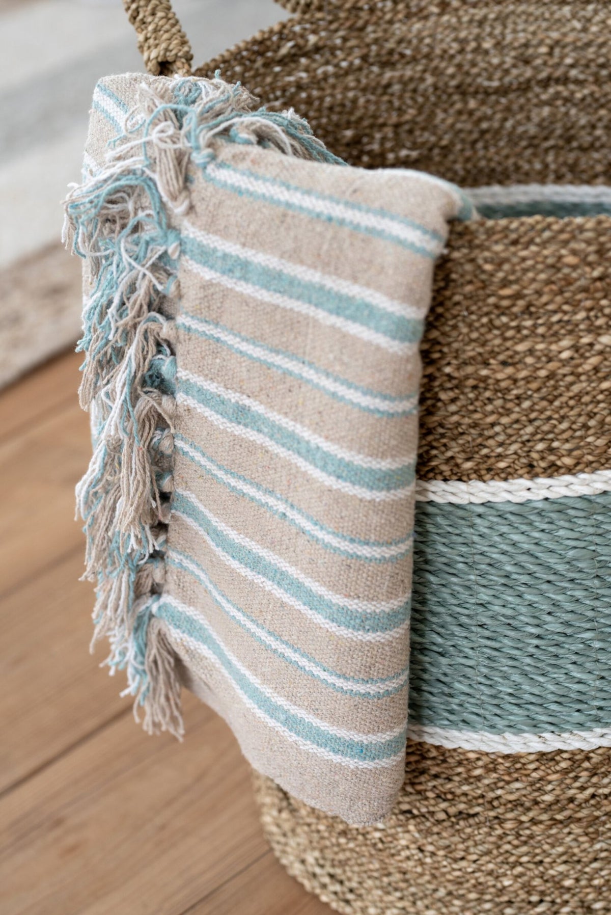 Throw Striped Cotton Greige/Blue Assortment Of 2
