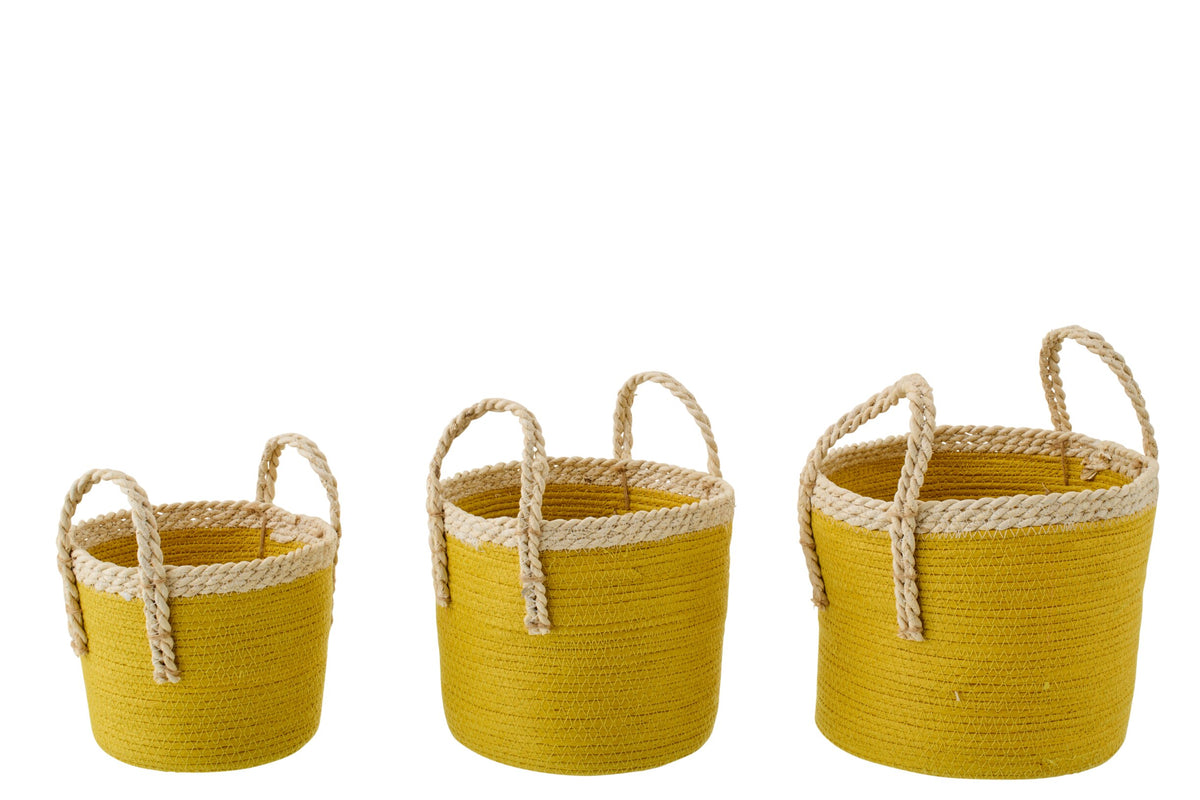 Set van 3 mand met handvatten papier mosterd geel/naturel