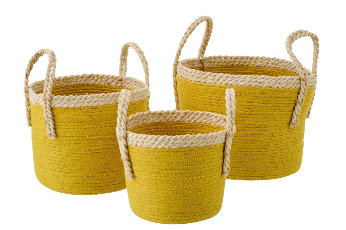 Set van 3 mand met handvatten papier mosterd geel/naturel