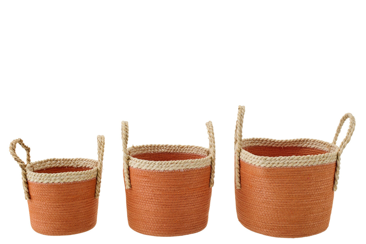 Set van 3 mand met handvatten papier donkeroranje/naturel