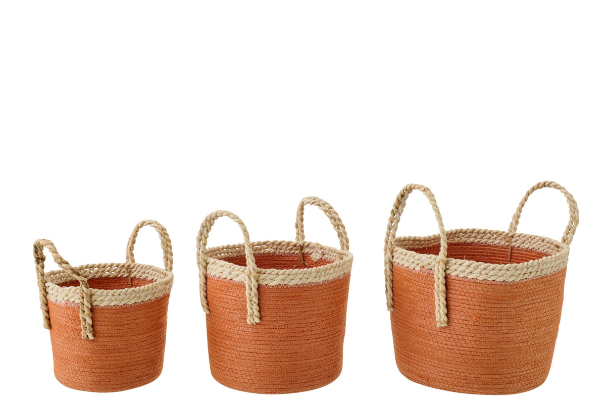 Set van 3 mand met handvatten papier donkeroranje/naturel