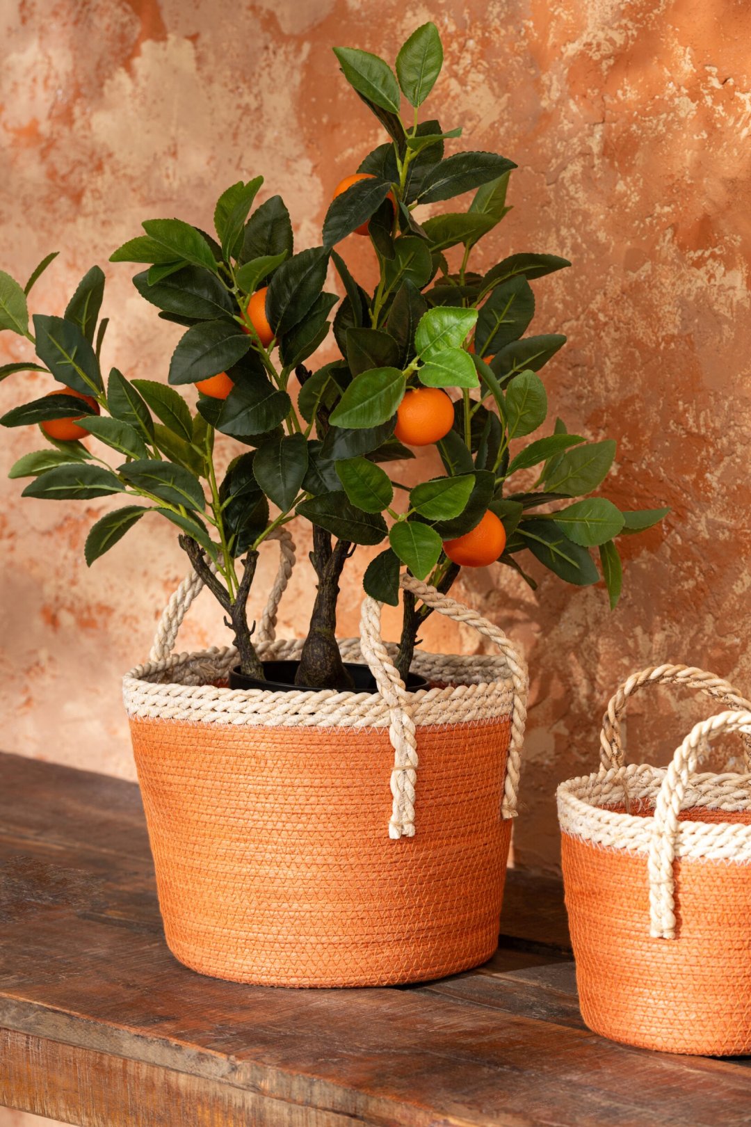 Set van 3 mand met handvatten papier donkeroranje/naturel