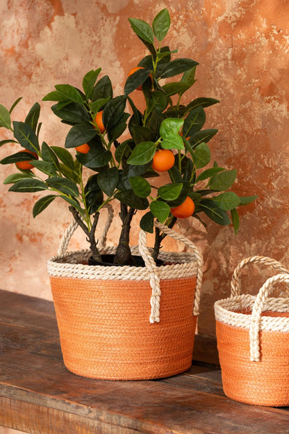 Set van 3 mand met handvatten papier donkeroranje/naturel
