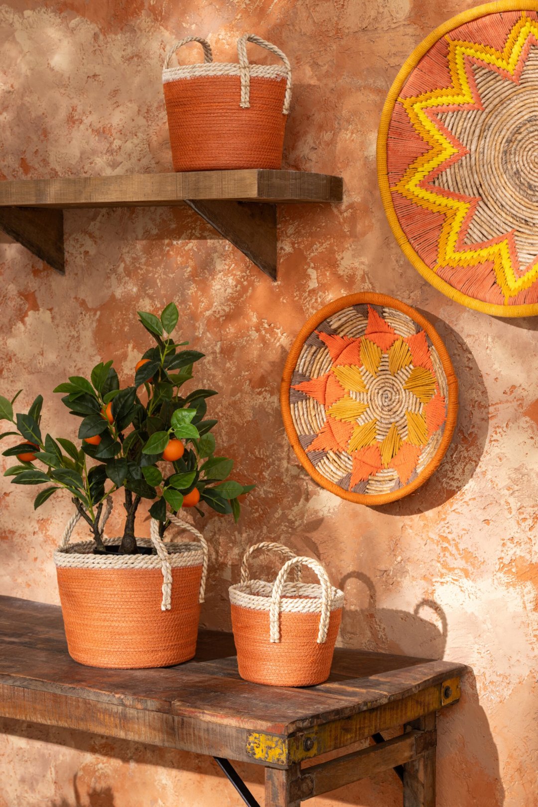 Set van 3 mand met handvatten papier donkeroranje/naturel