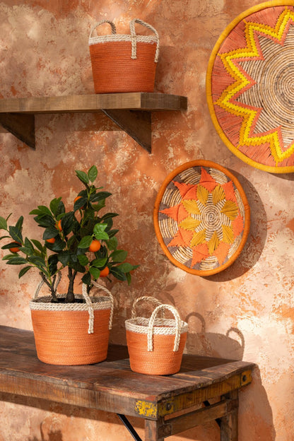 Set van 3 mand met handvatten papier donkeroranje/naturel