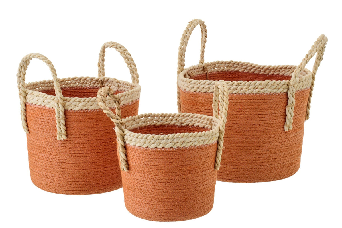 Set van 3 mand met handvatten papier donkeroranje/naturel